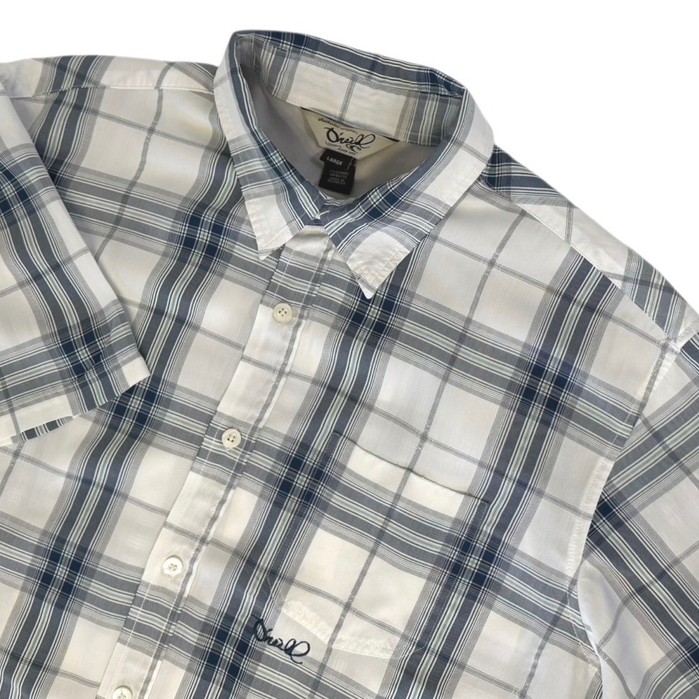 ONeill Mens Size‎ Large Plaid Short Sleeve Button Up Shirt White Blue Casual